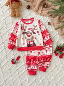 Newborn Baby Girl Christmas Cute Cartoon Pattern Long Sleeve Top And Pants Set - White - View 9