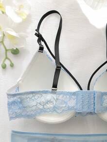 DelicateAllure 2 件套钢圈塑形罩杯提升乳沟增强对比色蕾丝拼布荷叶边花卉蕾丝可爱清新舒适半罩杯文胸套装女士 - 淺藍色 - 查看 8