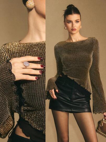 Poéselle Maglietta aderente con maniche a sbuffo, orlo asimmetrico e bordo a lattuga, elegante e alla moda, con dettagli metallici e lucidi, adatta per feste, primavera/autunno