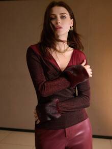 MOTF PREMIUM FAUX FUR CUFF TRIM FITTED BASE LAYER T-SHIRT, AUTUMN/WINTER - Burgundy - View 5