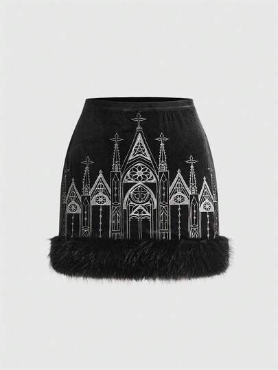 Goth Vintage Gothic Castle Cross Embroidered Velvet Bodycon Fluffy Mini Skirt
