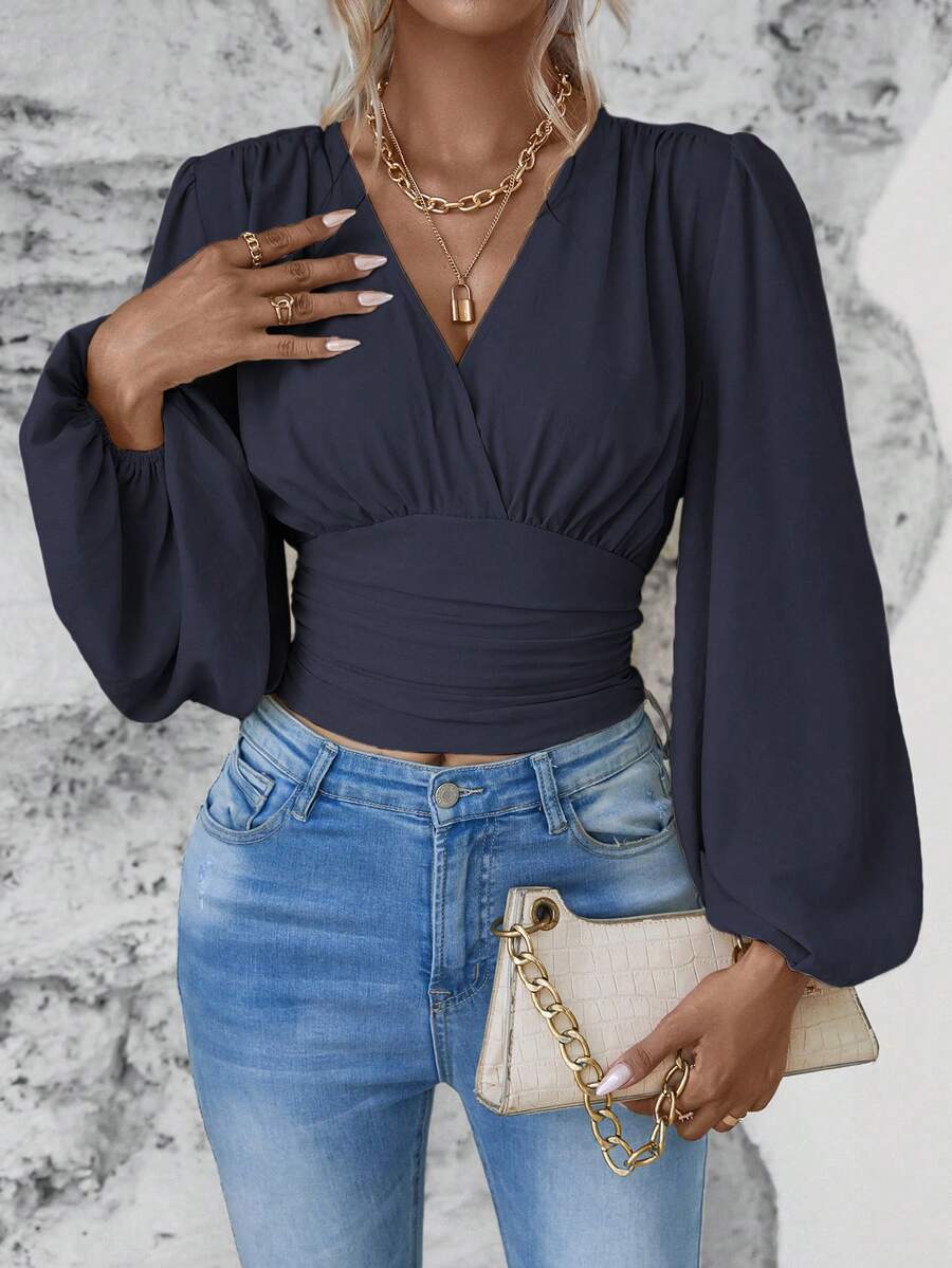 SHEIN LUNE Elegant Commuter Solid Color Lantern Sleeve Ruched Waist Shirt - Navy Blue - View 1