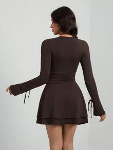 SHEIN Tall Nouvelle robe noire pour femmes à col en V profond et manches longues - Tabac - Voir 2