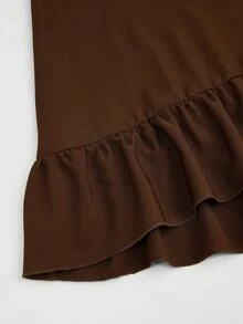 Sweetra Đầm dài tay thanh lịch cổ tim viền bèo màu trơn cỡ lớn dành cho nữ - màu nâu - Xem 7