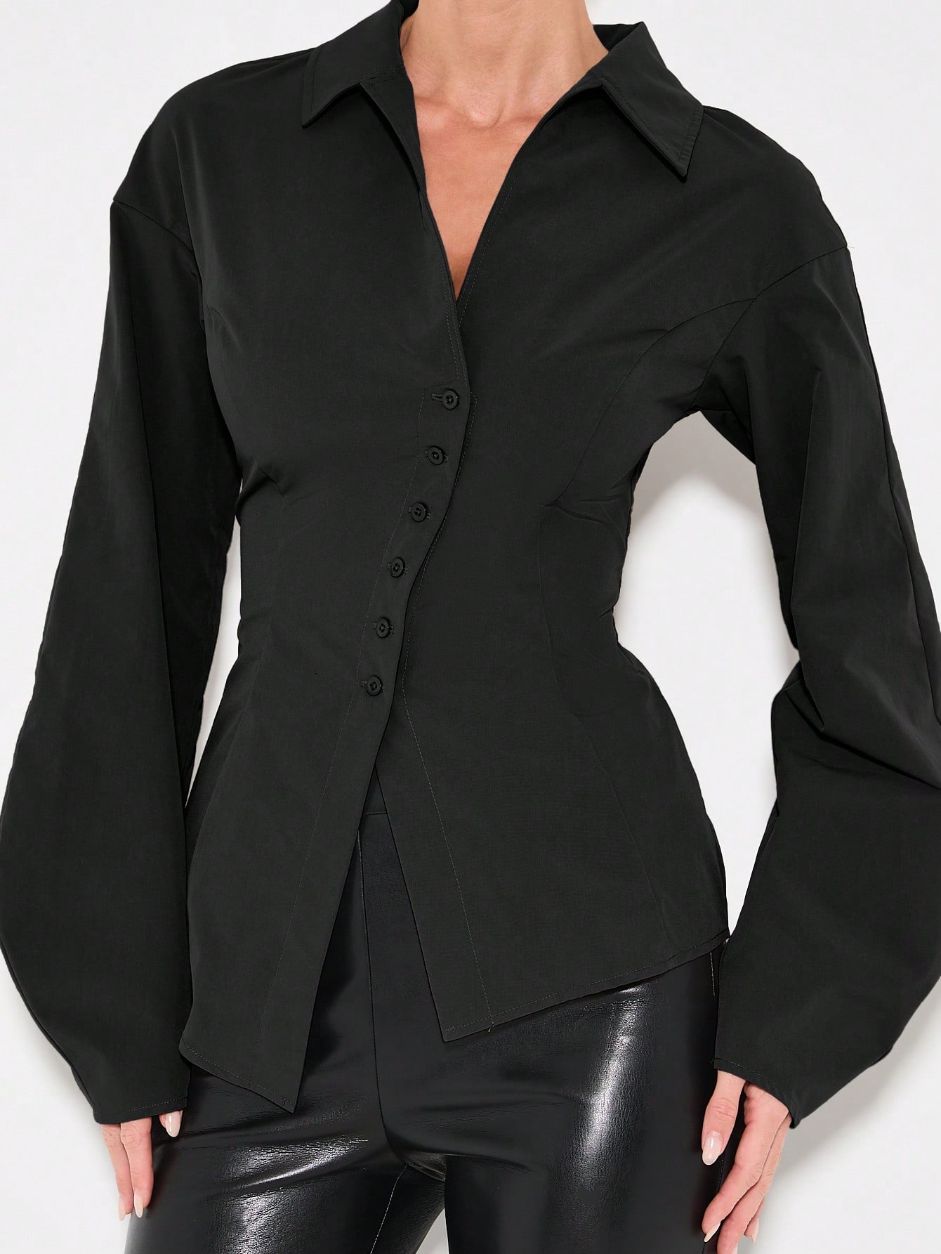 KIZN Structured Poplin Button Down Blouse With Puff Sleeves And Asymmetrical Hem For Professional Wear