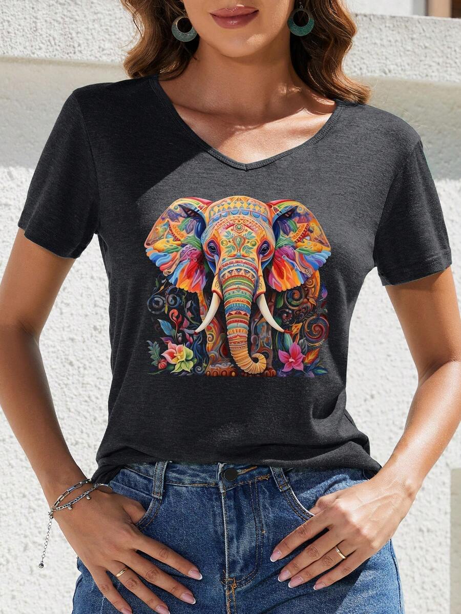 EMERY ROSE Women's Elephant Print V-Neck Short Sleeve T-Shirt - Dark Grey - View 1