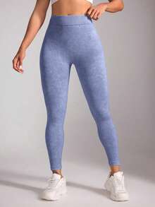 Easithlete 女士纯色简约无缝紧身裤，日常穿着 - 藍色 - 查看 6