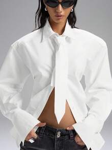 LYSMO Áo sơ mi dài tay cổ bẻ, thắt lưng, đệm vai cỡ lớn màu trắng tối giản mới 2025 dành cho nữ, phù hợp mặc hàng ngày, đi làm, trang phục công sở, phong cách học sinh, thời trang thành thị - trắng - Xem 5