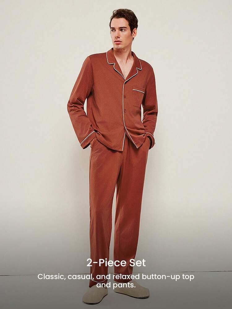Pijamas de Navidad y Año Nuevo para parejas, suaves de 100% algodón puro, conjunto de pantalón y camisa abotonada básica roja para hombre, pijamas de salón con bolsillos para hombre, pijamas esenciales para bodas en otoño