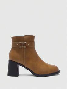 CUCCOO BIZCHIC Women's Fashion Ankle Boots, Square Toe Chunky Heel Design, Camel Color PU Material Solid Color, Side Zipper With Metal Buckle Strap, Versatile For Skirts, Jeans, Coats, Suitable For Autumn/Winter Outfits, Fashion Shows, Commuting, Stylish Women Ankle Boots - Camel - View 2