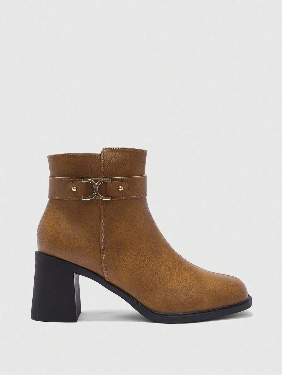 CUCCOO BIZCHIC Women's Fashion Ankle Boots, Square Toe Chunky Heel Design, Camel Color PU Material Solid Color, Side Zipper With Metal Buckle Strap, Versatile For Skirts, Jeans, Coats, Suitable For Autumn/Winter Outfits, Fashion Shows, Commuting, Stylish Women Ankle Boots