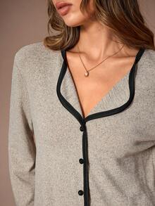 Lazeform 女士休闲纽扣上衣和直筒裤睡衣套装，简约设计女士家居针织睡衣套装两件套睡衣套装女士睡衣套装女士睡衣套装，冬季服装 - 卡其色 - 查看 6