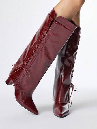 Grunge Punk Women's Pointed Toe Lace-Up Chunky Heel Over-The-Knee Boots