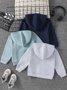 SHEIN 3件装男童休闲印花连帽保暖卫衣，多功能圆领套头衫，适合男孩女孩穿着，可用于学校、日常、运动、秋冬季节，买二送一 - 藏蓝色 - 查看 2