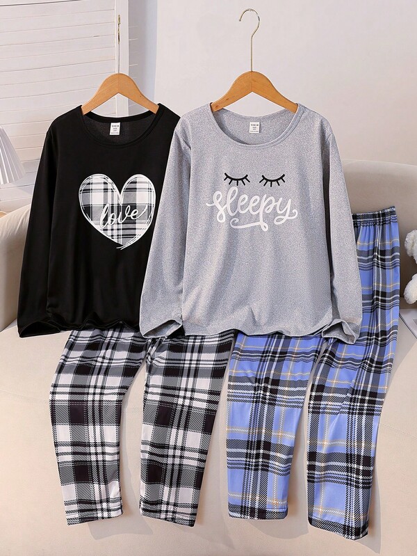 SHEIN 4pcs Girls Letter Print Long Sleeve Top + Plaid Pants Casual Homewear Set