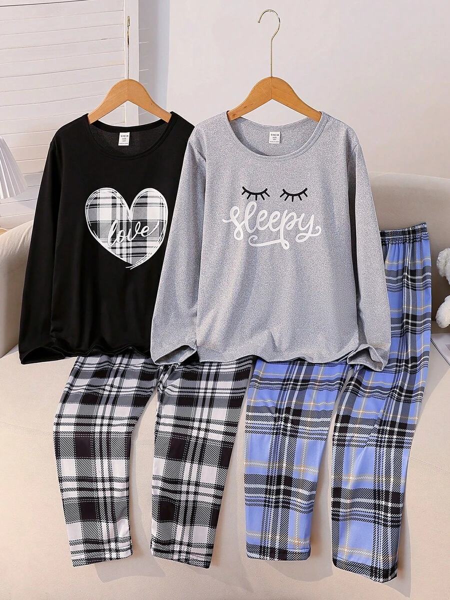 SHEIN 4pcs Girls Letter Print Long Sleeve Top + Plaid Pants Casual Homewear Set - Multicolor - View 1