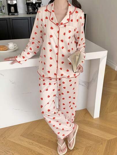 SHEIN Teen Girl Red Heart Knit Collar Long Sleeve Shirt And Pants Casual Pajama Set Women Long Sleeve Pajama Set Red Heart Print Pajamas Button Up Pajama Set Pajamas With Hearts Pajama Sets For Women