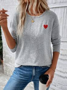 EMERY ROSE Áo thun tay dài cổ tròn in hình trái tim thời trang mới dành cho nữ - Xám - Xem 4