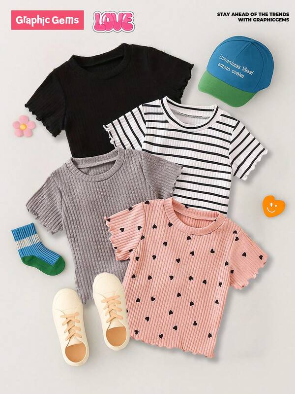 GraphicGems 4 piezas Camiseta básica de verano de manga corta para niña con estampados de corazón, a rayas y de unicolor, top lindo