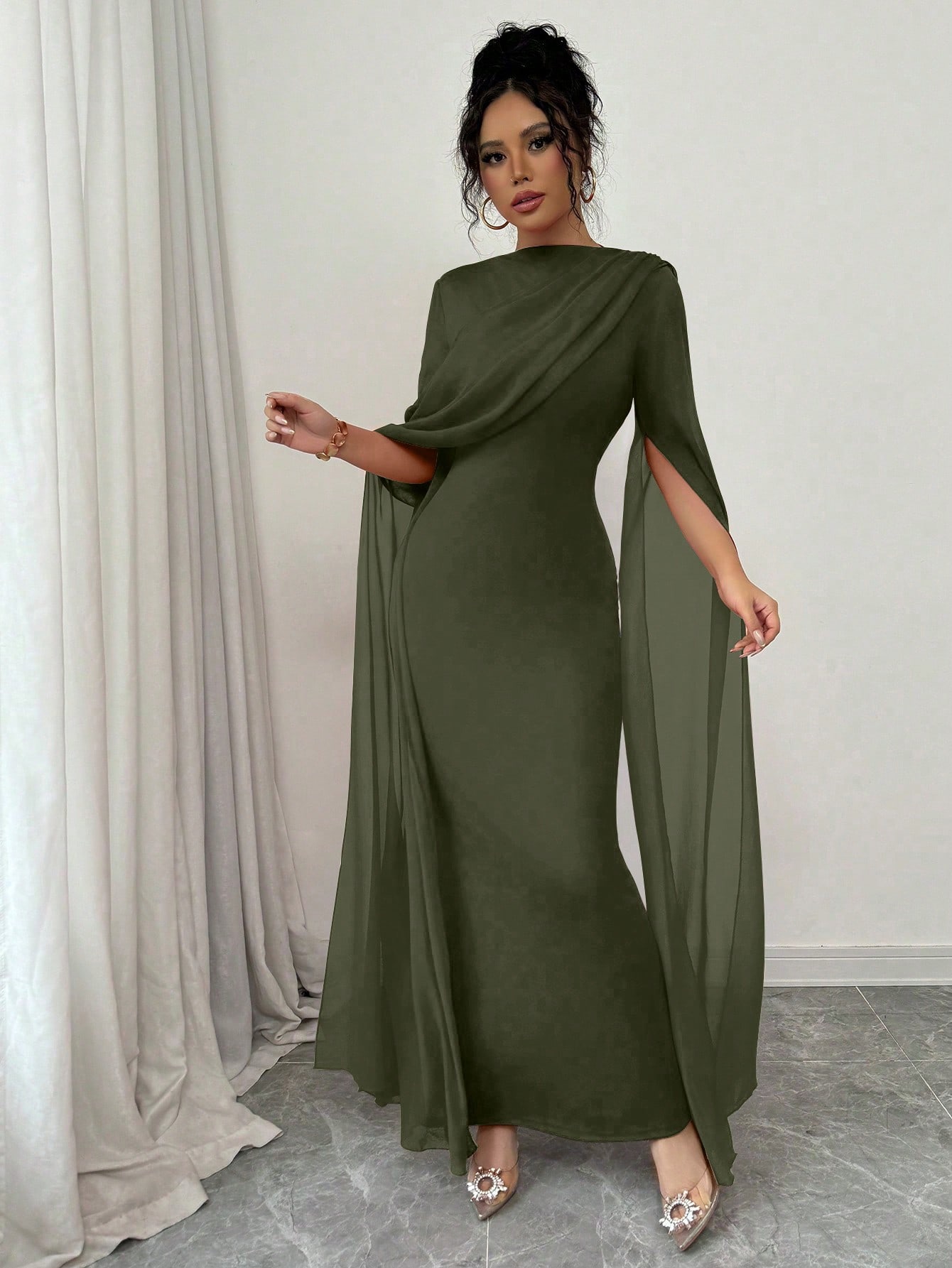 Rafferiza Petite فستان أنيق بخصر مجمع، كتف مائل، ك...