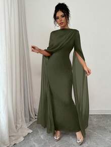 SHEIN PETITE 优雅收腰紧身斜肩褶饰透明飘逸袖开叉连衣裙，针织弹力红色女式礼服，适合秋冬正式派对场合