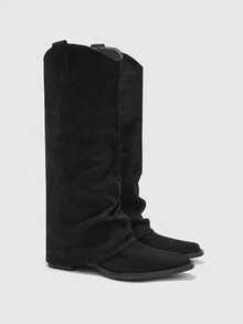 CUCCOO BIZCHIC 黑色尖头及膝靴 | 慵懒绒面革纹理 | 中粗跟 | 轻松时尚风格 | 2 双，高级皮革外观 - 黑色 - 查看 6