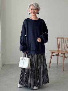 FRIFUL Women's Round Neck Pearl Button Decor Lantern Sleeve Loose Mesh Splice Sleeve Thickened Solid Color Sweatshirt, Halloween Costume