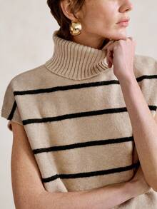 Aalyst Blusa de punto de cuello alto y rayas elegante para mujer - Caqui - Ver 5