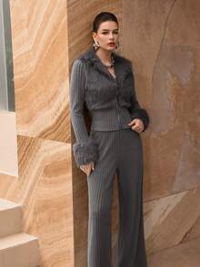 Modelyn 2件套灰色仿皮草针织上衣和直筒裤，秋冬 - 深灰色 - 查看 8