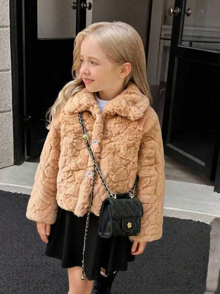 SHEIN Elladie kids 年轻女孩象牙色仿毛领长袖夹克,时尚、温暖、百搭、舒适的冬季短外套 - 咖啡棕 - 查看 1