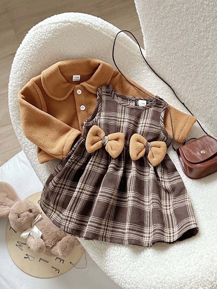 Playful Pals 女婴休闲圆领束腰蝴蝶结格子双面羊毛开衫连衣裙，秋冬 - 棕色 - 查看 1