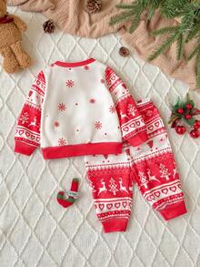 Newborn Baby Girl Christmas Cute Cartoon Pattern Long Sleeve Top And Pants Set - White - View 2