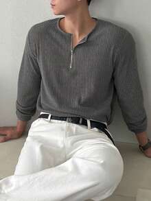 DAZY 男式纯色半拉链羊毛 T 恤，炭灰色，秋冬