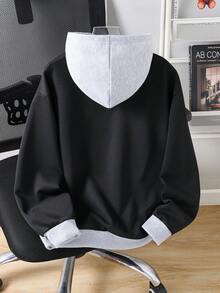 Tween Boys' Minimalist Stylish Loose Contrast Color Thick Fleece Sweatshirt - Black - View 2