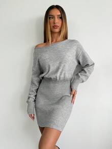 Aloruh Sexy Asymmetric Neck Oblique Collar Knit Sweater Dress, Comfortable & Elegant, Suitable For Dating, Casual, Travel In Autumn/Winter - Grey - View 4