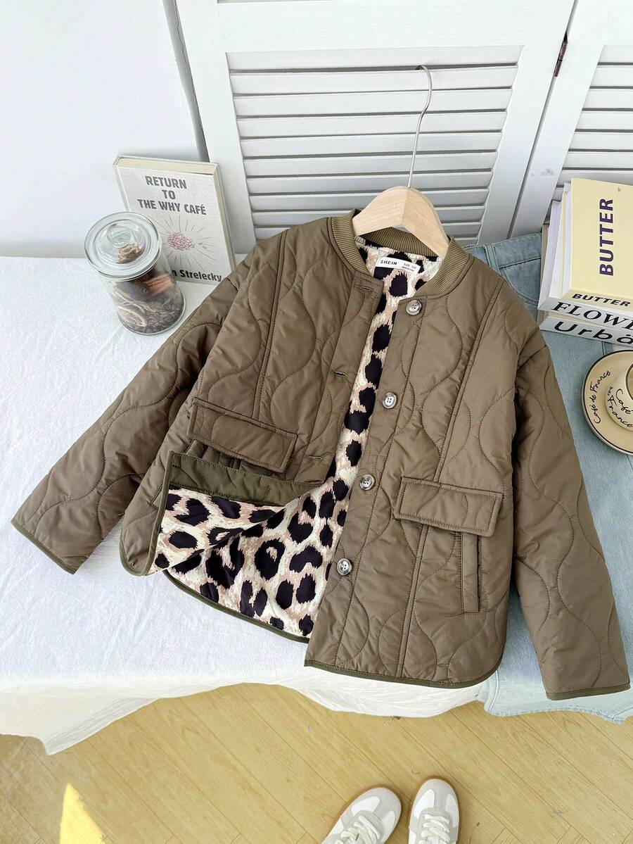 SHEIN Tween Girl Loose Casual Minimalist Comfortable Leopard Print Lining Round Neck Curved Hem Jacket - Army Green - View 1