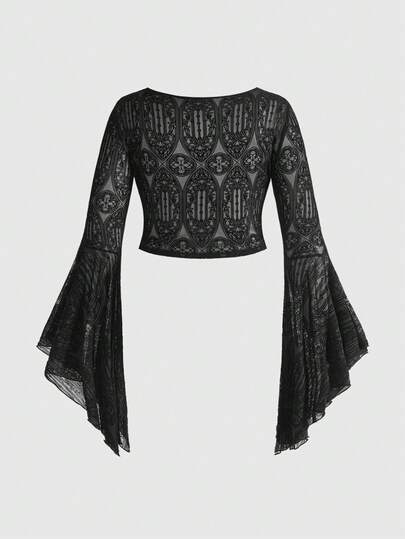 Goth Blusa de manga acampanada con cuello cuadrado, estampado floreado y efecto flockado para mujer de talla grande con estilo gótico