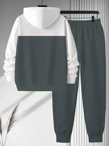 Manfinity Homme Men's Plus Size Gray & White Contrast Letter & Paris Graphic Print Hoodie Set, Fall Clothes