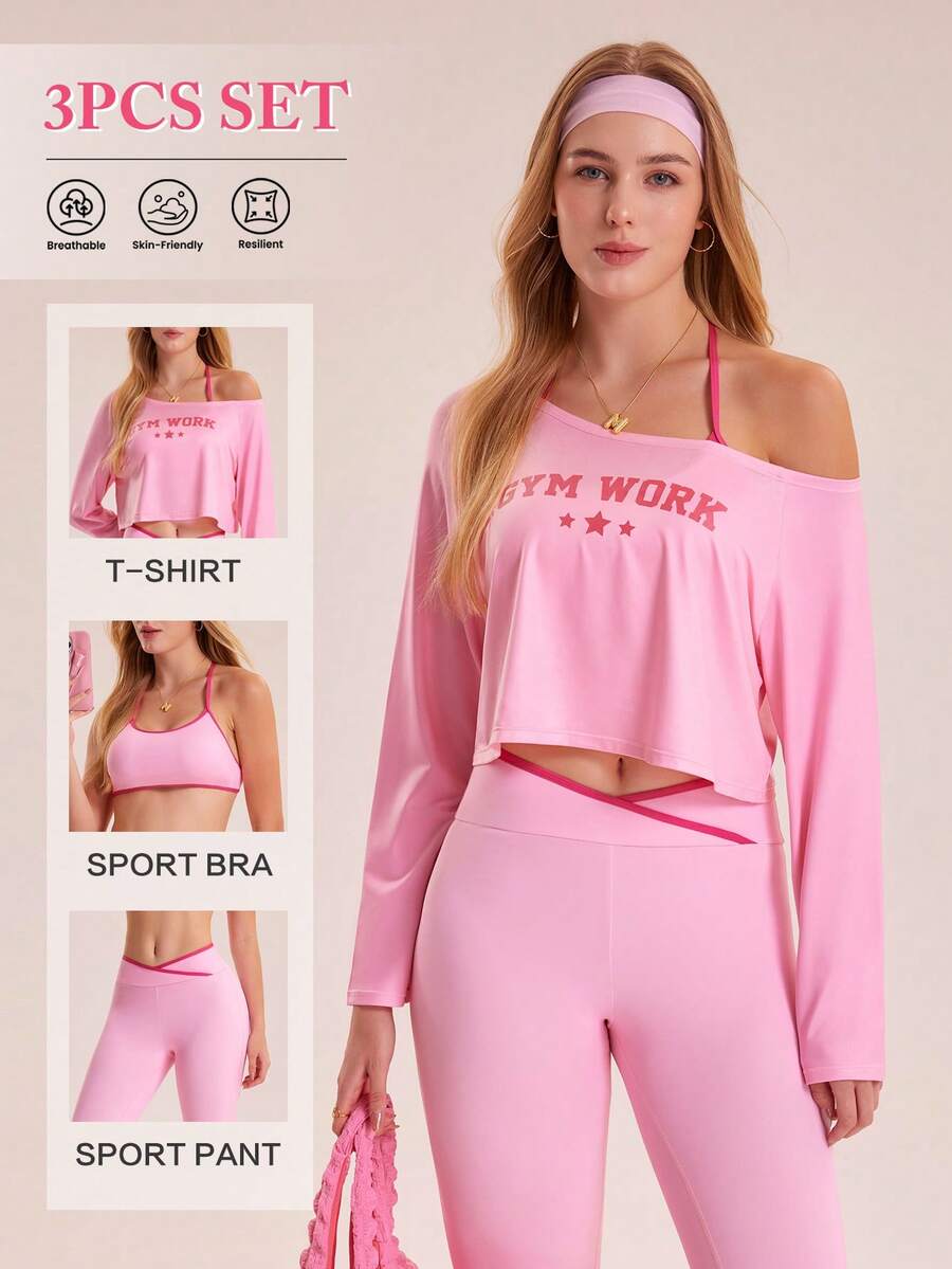 Sovereign Charm 3 件套女式字母和星星印花不对称领口短款 T 恤、可拆卸罩杯文胸和撞色绑带重叠腰部紧身裤运动套装 - 粉色 - 查看 1