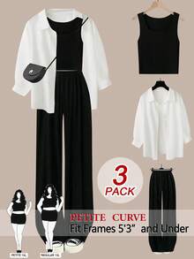 SHEIN PETITE CURVE 大码浅蓝色长袖衬衫、吊带背心和阔腿裤三件套，优雅休闲家居服，适合娇小身材 - 彩色 - 查看 1