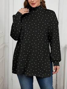 EMERY ROSE Plus Size Casual Minimalist Turtleneck Long T-Shirt, Spring/Autumn Polka Dot Shirt Modest Blouse Cute Modest Tops,Summer - Multicolor - View 6