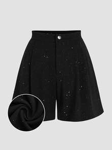 Celure Plus Size High Waist Black Sequin Wide Leg Shorts, Elegant Party Wear