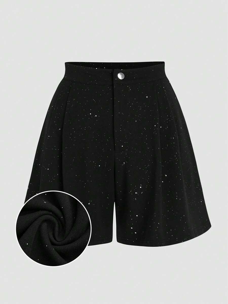 Celure Plus Size High Waist Black Sequin Wide Leg Shorts, Elegant Party Wear