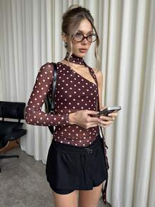 SHEIN BAE 波点印花不对称领口透视性感长袖上衣，适合冬季、秋冬季女装、万圣节、新年、感恩节、派对、海滩等场合，波点单肩上衣，可爱上衣 - 棕色 - 查看 6