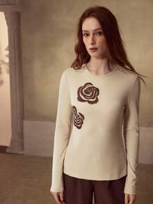 MOTF PREMIUM APRICOT ROUND NECK EMBROIDERED KNIT LONG SLEEVE T-SHIRT FOR WOMEN, AUTUMN/WINTER - Apricot - View 4