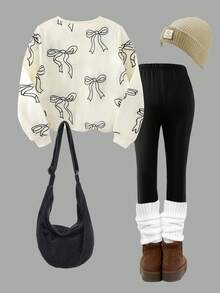 SHEIN Mädchen Pullover mit Schleifen-Muster am Rundhalsausschnitt & einfarbige Hose