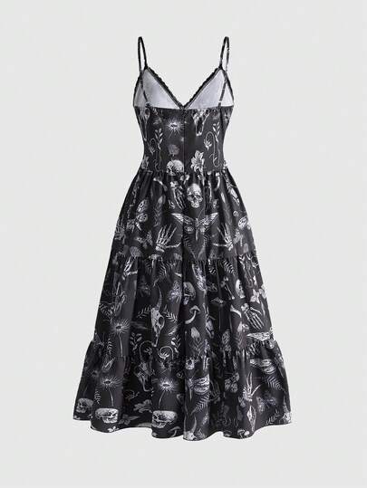 Goth Women's Mysterious Witch Gothic Palace Dark Skull Moth Plant Moth Print Maxi Slip Dress