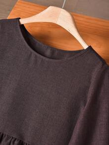 Rusticease 女式纯色圆领长袖百褶休闲中长连衣裙，百搭 - 黑色 - 查看 4