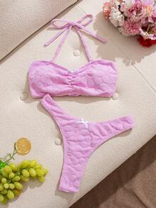 Swim Mod 2 件套女士夏季可爱提花纯色蝴蝶结前后系带抹胸比基尼套装，带可拆卸肩带 - 粉色 - 查看 2