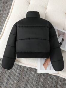 SHEIN Tween Girl 休闲绗缝加厚外套，松紧腰身，宽松版型，舒适适合秋冬日常、通勤、户外、派对、拍照 - 黑色 - 查看 2
